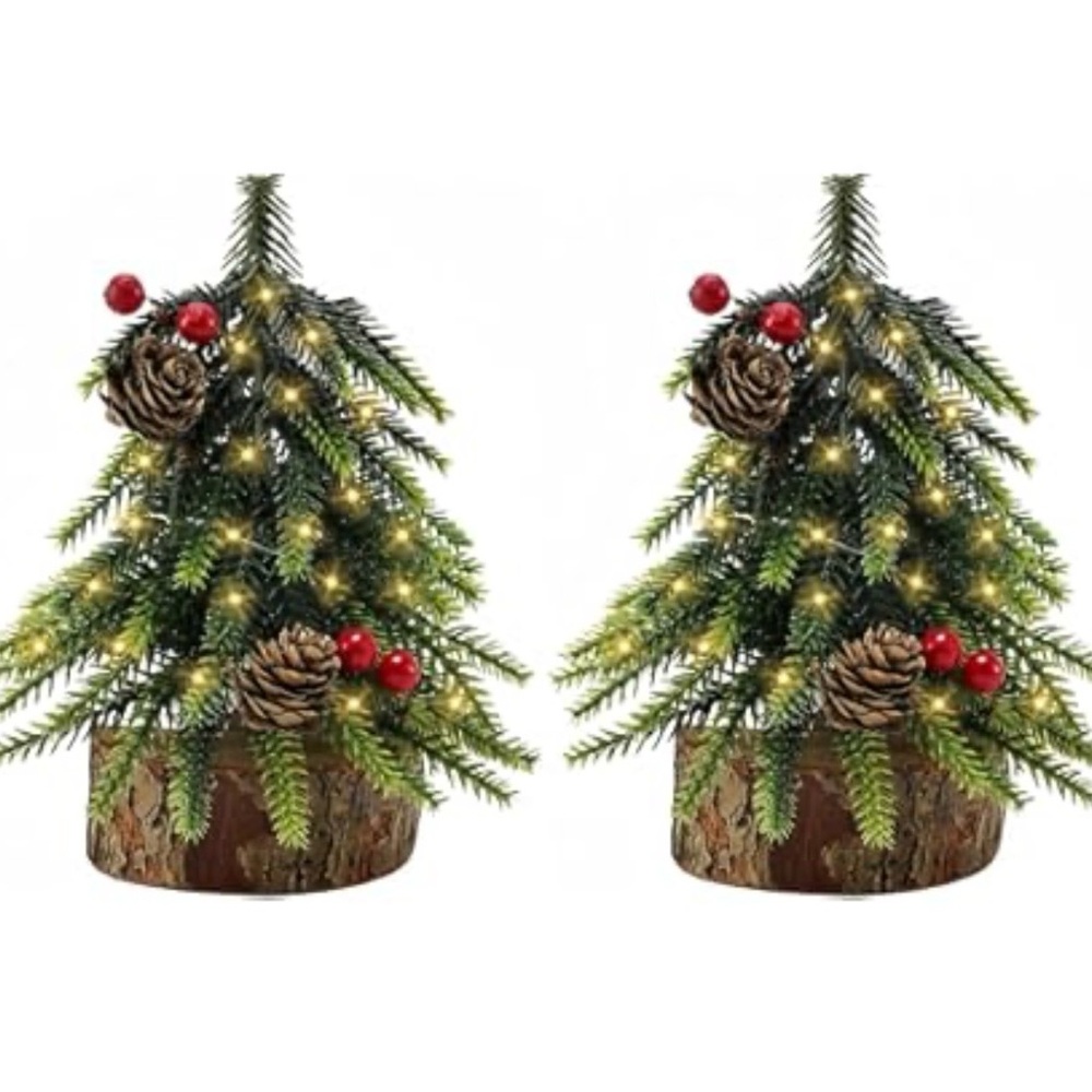 Adorable 7” Tiered Tray, Dollhouse, Table Setting Light Up Christmas Trees (2)